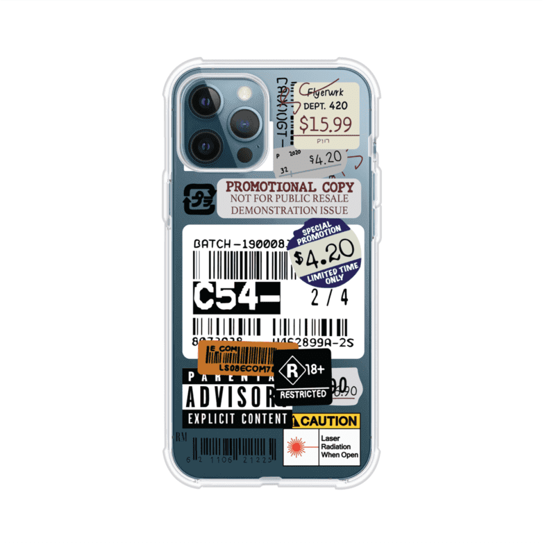 Funda para iPhone con diseño urbano tipo collage de tickets, códigos de barras y etiquetas de advertencia. Ideal para quienes buscan un estilo alternativo y original. Diseño exclusivo de Remark MX