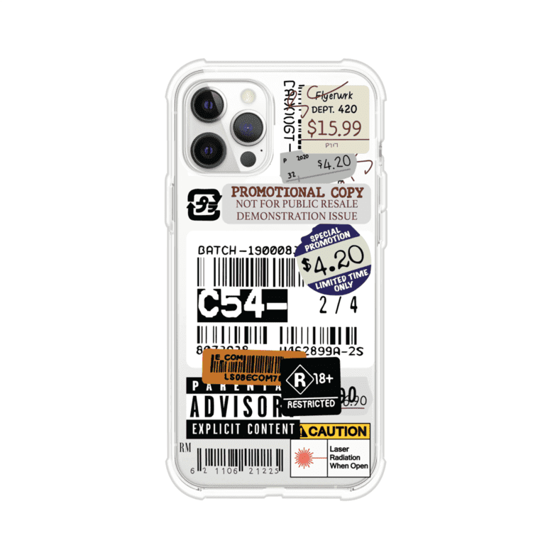 Funda para iPhone con diseño urbano tipo collage de tickets, códigos de barras y etiquetas de advertencia. Ideal para quienes buscan un estilo alternativo y original. Diseño exclusivo de Remark MX