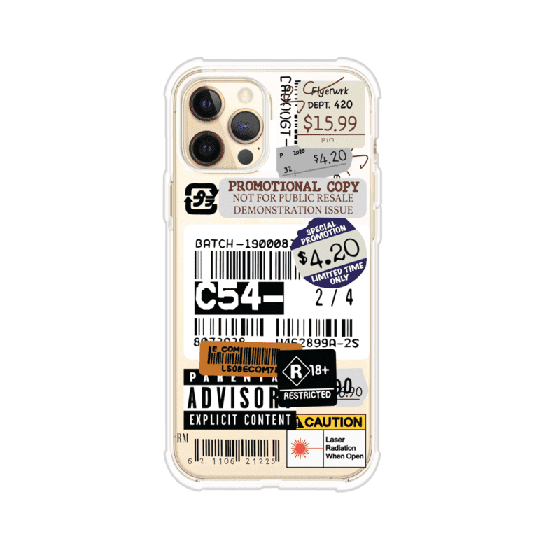 Funda para iPhone con diseño urbano tipo collage de tickets, códigos de barras y etiquetas de advertencia. Ideal para quienes buscan un estilo alternativo y original. Diseño exclusivo de Remark MX