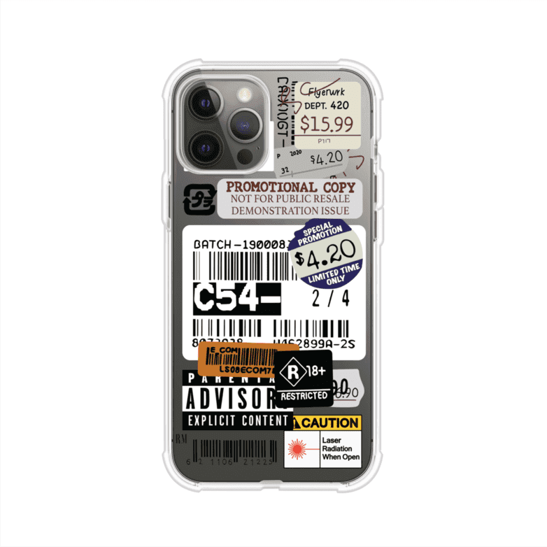 Funda para iPhone con diseño urbano tipo collage de tickets, códigos de barras y etiquetas de advertencia. Ideal para quienes buscan un estilo alternativo y original. Diseño exclusivo de Remark MX