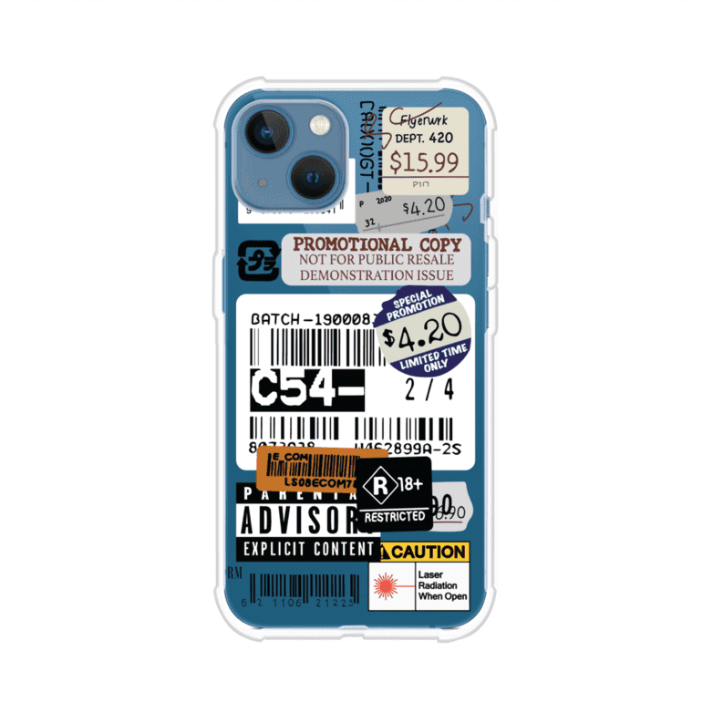 Funda para iPhone con diseño urbano tipo collage de tickets, códigos de barras y etiquetas de advertencia. Ideal para quienes buscan un estilo alternativo y original. Diseño exclusivo de Remark MX