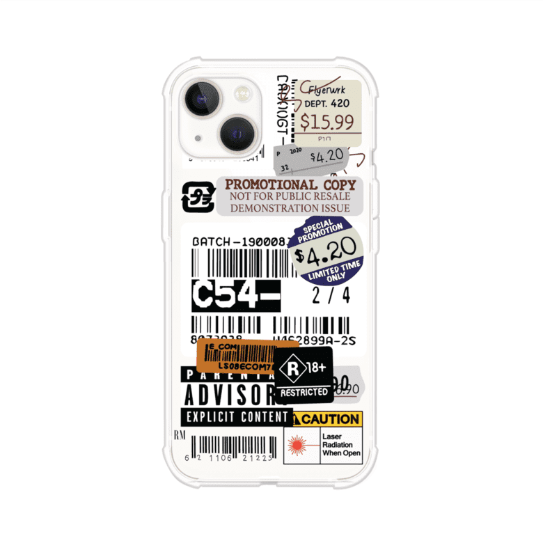 Funda para iPhone con diseño urbano tipo collage de tickets, códigos de barras y etiquetas de advertencia. Ideal para quienes buscan un estilo alternativo y original. Diseño exclusivo de Remark MX