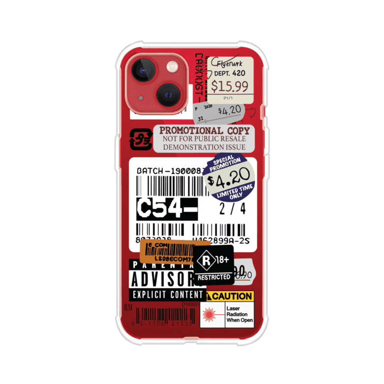Funda para iPhone con diseño urbano tipo collage de tickets, códigos de barras y etiquetas de advertencia. Ideal para quienes buscan un estilo alternativo y original. Diseño exclusivo de Remark MX