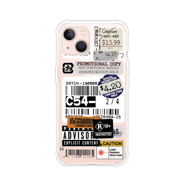 Funda para iPhone con diseño urbano tipo collage de tickets, códigos de barras y etiquetas de advertencia. Ideal para quienes buscan un estilo alternativo y original. Diseño exclusivo de Remark MX