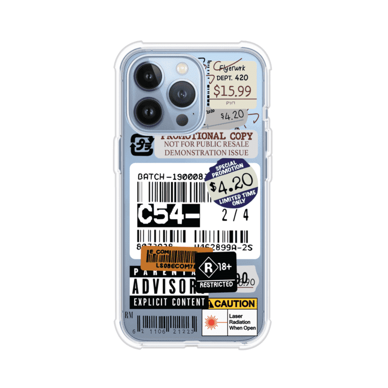 Funda para iPhone con diseño urbano tipo collage de tickets, códigos de barras y etiquetas de advertencia. Ideal para quienes buscan un estilo alternativo y original. Diseño exclusivo de Remark MX