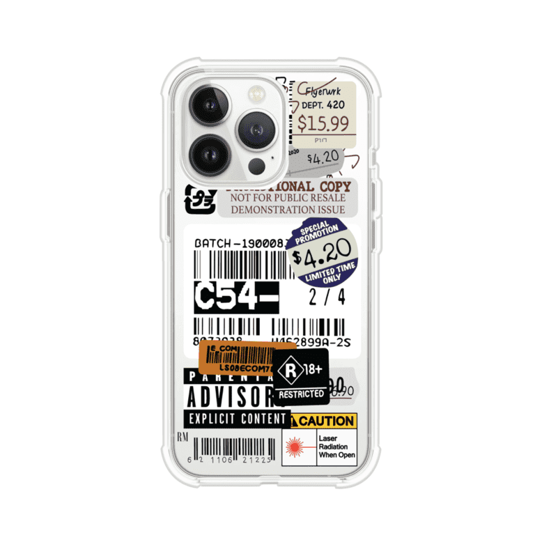 Funda para iPhone con diseño urbano tipo collage de tickets, códigos de barras y etiquetas de advertencia. Ideal para quienes buscan un estilo alternativo y original. Diseño exclusivo de Remark MX