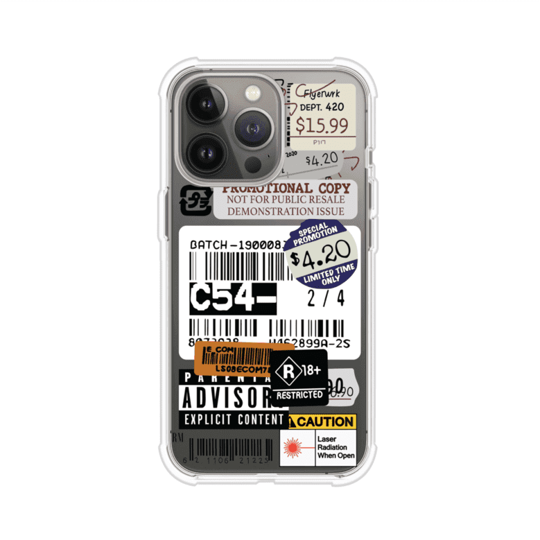 Funda para iPhone con diseño urbano tipo collage de tickets, códigos de barras y etiquetas de advertencia. Ideal para quienes buscan un estilo alternativo y original. Diseño exclusivo de Remark MX