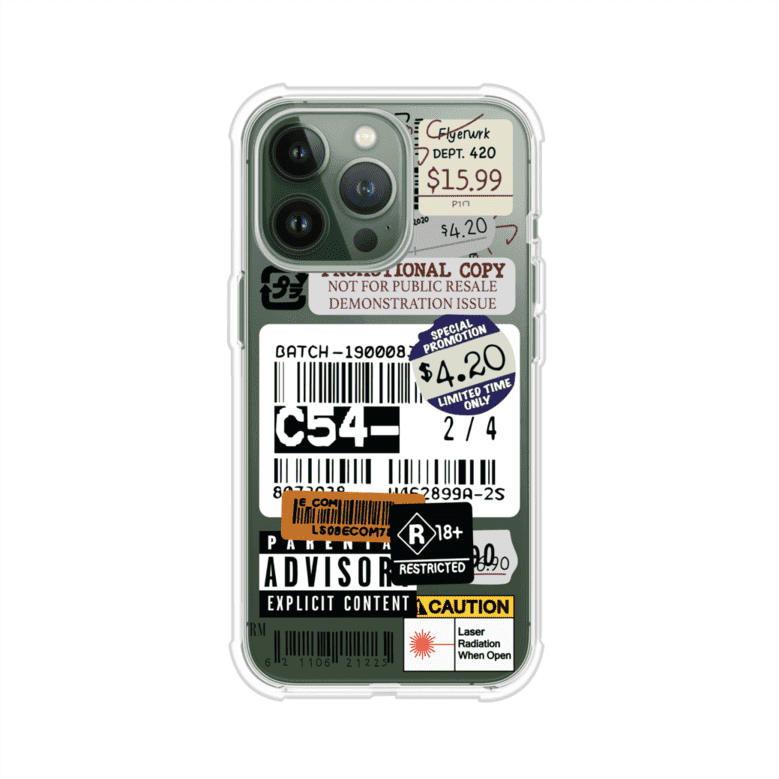 Funda para iPhone con diseño urbano tipo collage de tickets, códigos de barras y etiquetas de advertencia. Ideal para quienes buscan un estilo alternativo y original. Diseño exclusivo de Remark MX