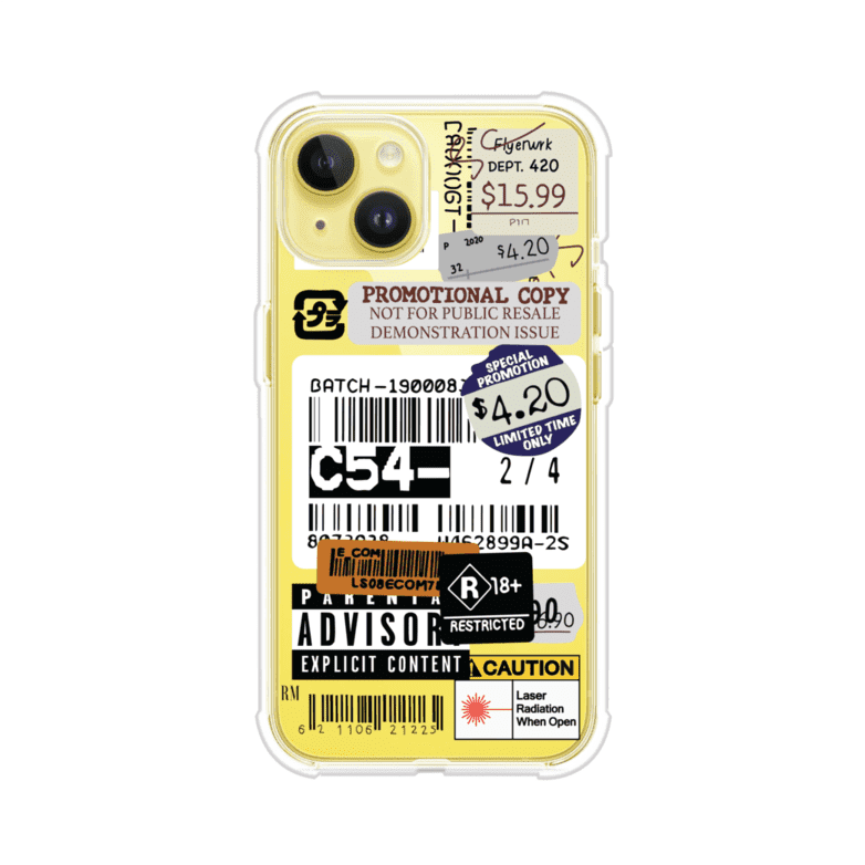 Funda para iPhone con diseño urbano tipo collage de tickets, códigos de barras y etiquetas de advertencia. Ideal para quienes buscan un estilo alternativo y original. Diseño exclusivo de Remark MX