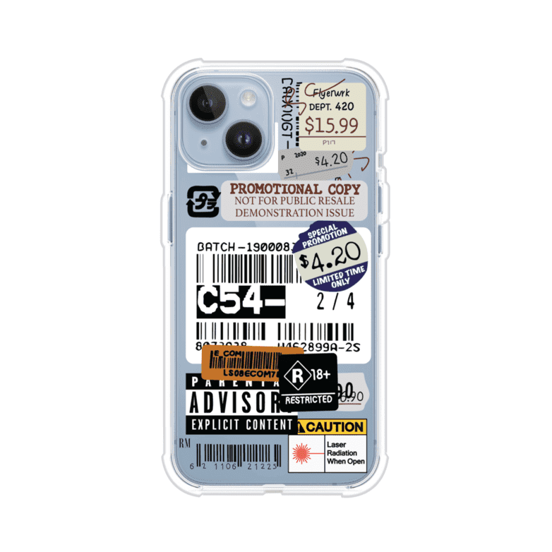 Funda para iPhone con diseño urbano tipo collage de tickets, códigos de barras y etiquetas de advertencia. Ideal para quienes buscan un estilo alternativo y original. Diseño exclusivo de Remark MX
