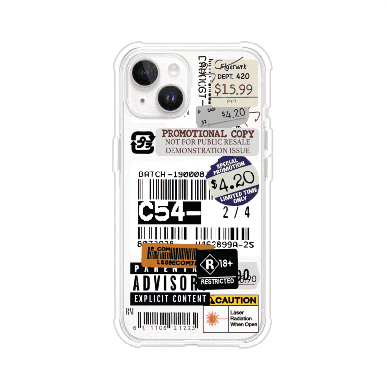 Funda para iPhone con diseño urbano tipo collage de tickets, códigos de barras y etiquetas de advertencia. Ideal para quienes buscan un estilo alternativo y original. Diseño exclusivo de Remark MX