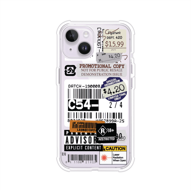 Funda para iPhone con diseño urbano tipo collage de tickets, códigos de barras y etiquetas de advertencia. Ideal para quienes buscan un estilo alternativo y original. Diseño exclusivo de Remark MX