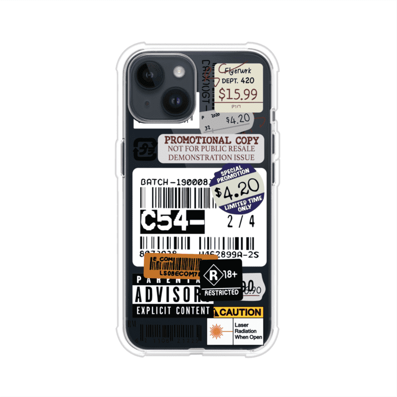 Funda para iPhone con diseño urbano tipo collage de tickets, códigos de barras y etiquetas de advertencia. Ideal para quienes buscan un estilo alternativo y original. Diseño exclusivo de Remark MX