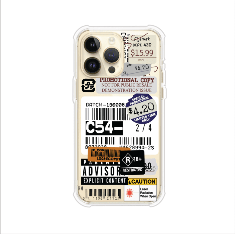Funda para iPhone con diseño urbano tipo collage de tickets, códigos de barras y etiquetas de advertencia. Ideal para quienes buscan un estilo alternativo y original. Diseño exclusivo de Remark MX
