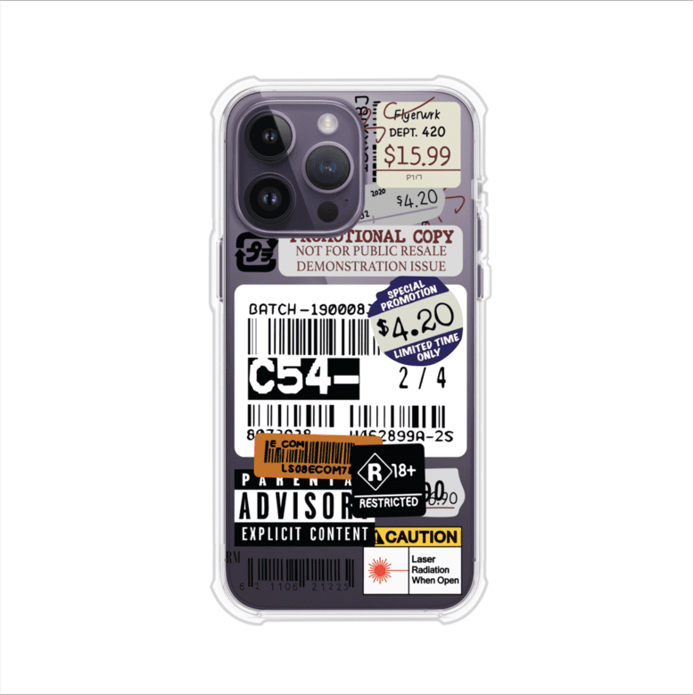 Funda para iPhone con diseño urbano tipo collage de tickets, códigos de barras y etiquetas de advertencia. Ideal para quienes buscan un estilo alternativo y original. Diseño exclusivo de Remark MX