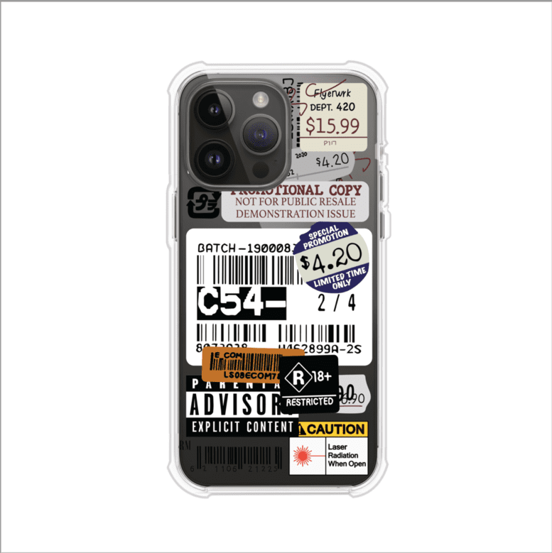 Funda para iPhone con diseño urbano tipo collage de tickets, códigos de barras y etiquetas de advertencia. Ideal para quienes buscan un estilo alternativo y original. Diseño exclusivo de Remark MX