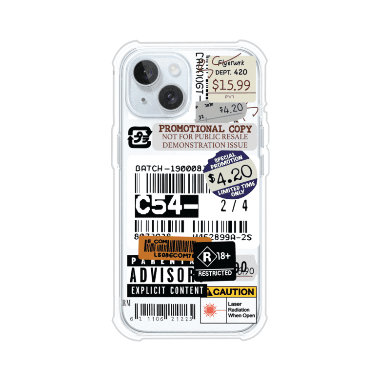 Funda para iPhone con diseño urbano tipo collage de tickets, códigos de barras y etiquetas de advertencia. Ideal para quienes buscan un estilo alternativo y original. Diseño exclusivo de Remark MX