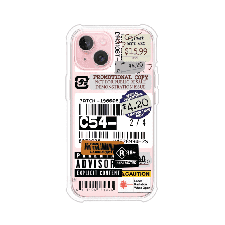 Funda para iPhone con diseño urbano tipo collage de tickets, códigos de barras y etiquetas de advertencia. Ideal para quienes buscan un estilo alternativo y original. Diseño exclusivo de Remark MX