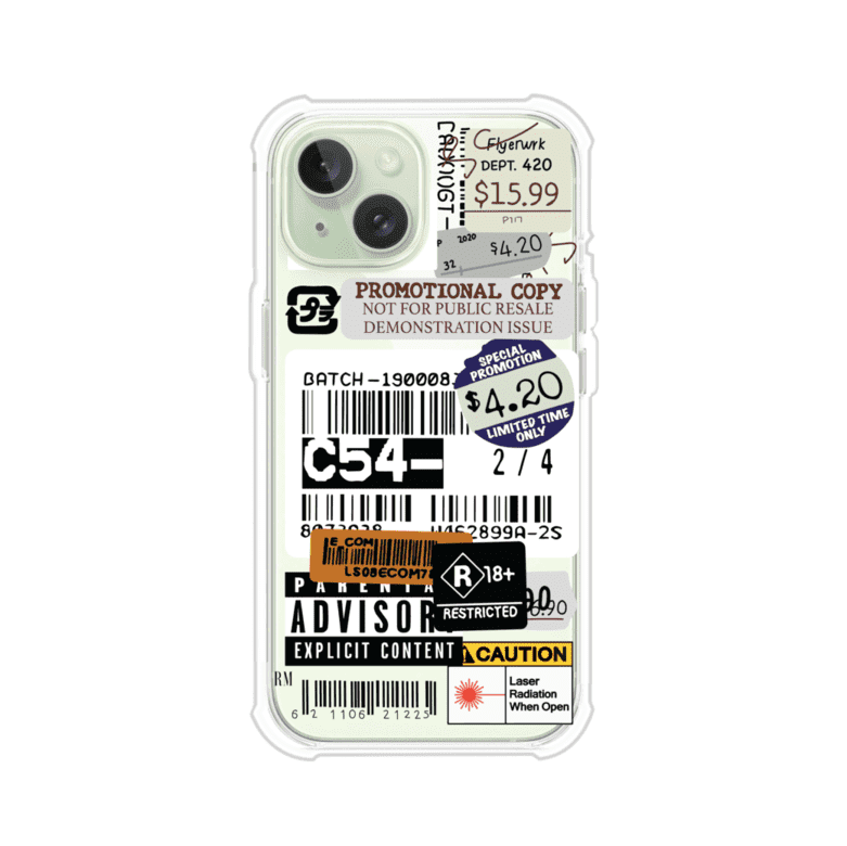 Funda para iPhone con diseño urbano tipo collage de tickets, códigos de barras y etiquetas de advertencia. Ideal para quienes buscan un estilo alternativo y original. Diseño exclusivo de Remark MX