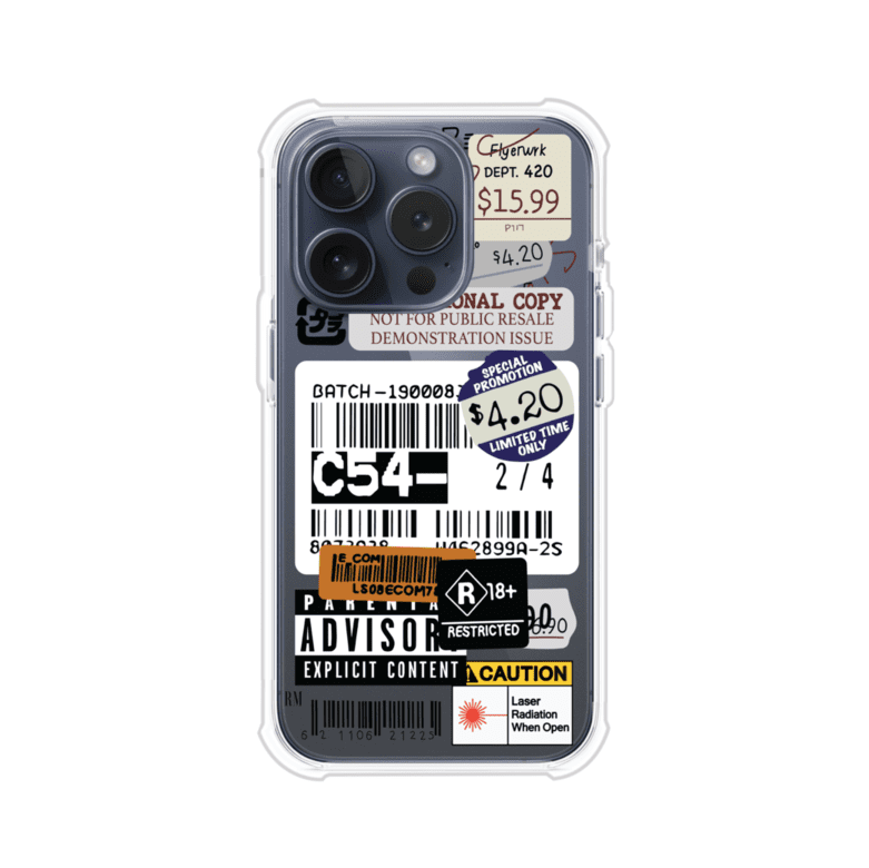 Funda para iPhone con diseño urbano tipo collage de tickets, códigos de barras y etiquetas de advertencia. Ideal para quienes buscan un estilo alternativo y original. Diseño exclusivo de Remark MX