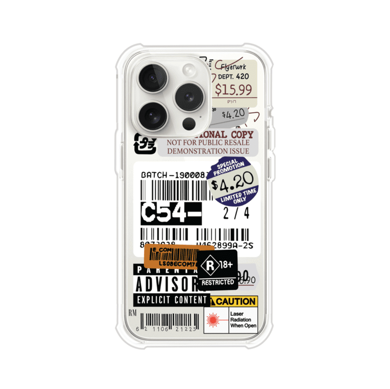 Funda para iPhone con diseño urbano tipo collage de tickets, códigos de barras y etiquetas de advertencia. Ideal para quienes buscan un estilo alternativo y original. Diseño exclusivo de Remark MX
