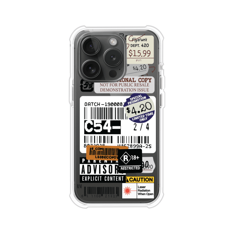 Funda para iPhone con diseño urbano tipo collage de tickets, códigos de barras y etiquetas de advertencia. Ideal para quienes buscan un estilo alternativo y original. Diseño exclusivo de Remark MX
