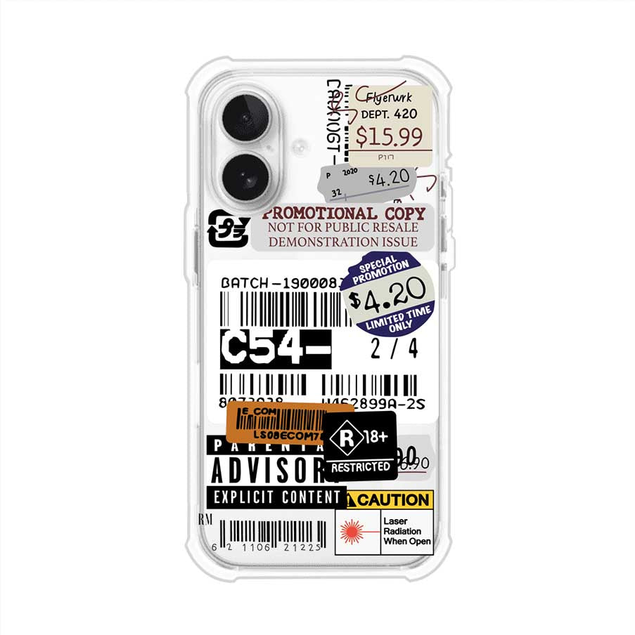 Funda para iPhone con diseño urbano tipo collage de tickets, códigos de barras y etiquetas de advertencia. Ideal para quienes buscan un estilo alternativo y original. Diseño exclusivo de Remark MX
