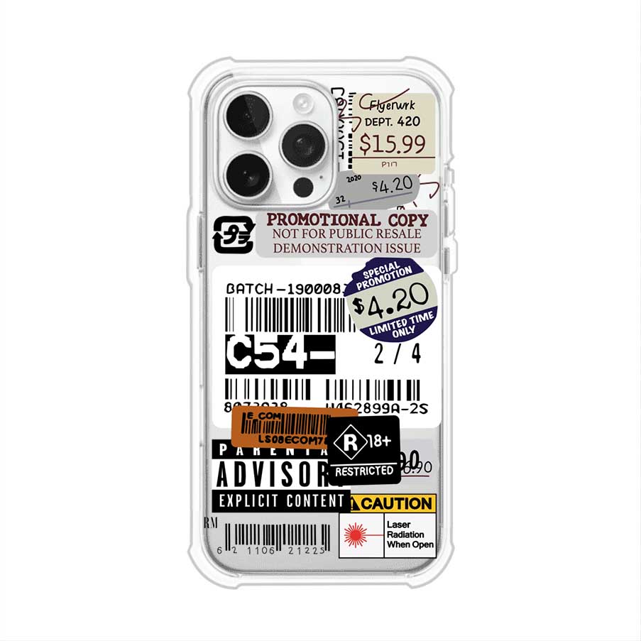 Funda para iPhone con diseño urbano tipo collage de tickets, códigos de barras y etiquetas de advertencia. Ideal para quienes buscan un estilo alternativo y original. Diseño exclusivo de Remark MX
