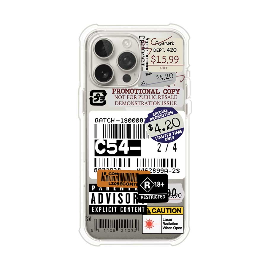 Funda para iPhone con diseño urbano tipo collage de tickets, códigos de barras y etiquetas de advertencia. Ideal para quienes buscan un estilo alternativo y original. Diseño exclusivo de Remark MX