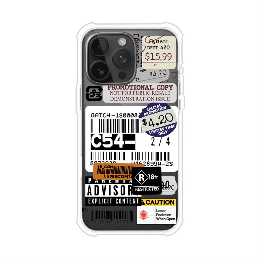 Funda para iPhone con diseño urbano tipo collage de tickets, códigos de barras y etiquetas de advertencia. Ideal para quienes buscan un estilo alternativo y original. Diseño exclusivo de Remark MX
