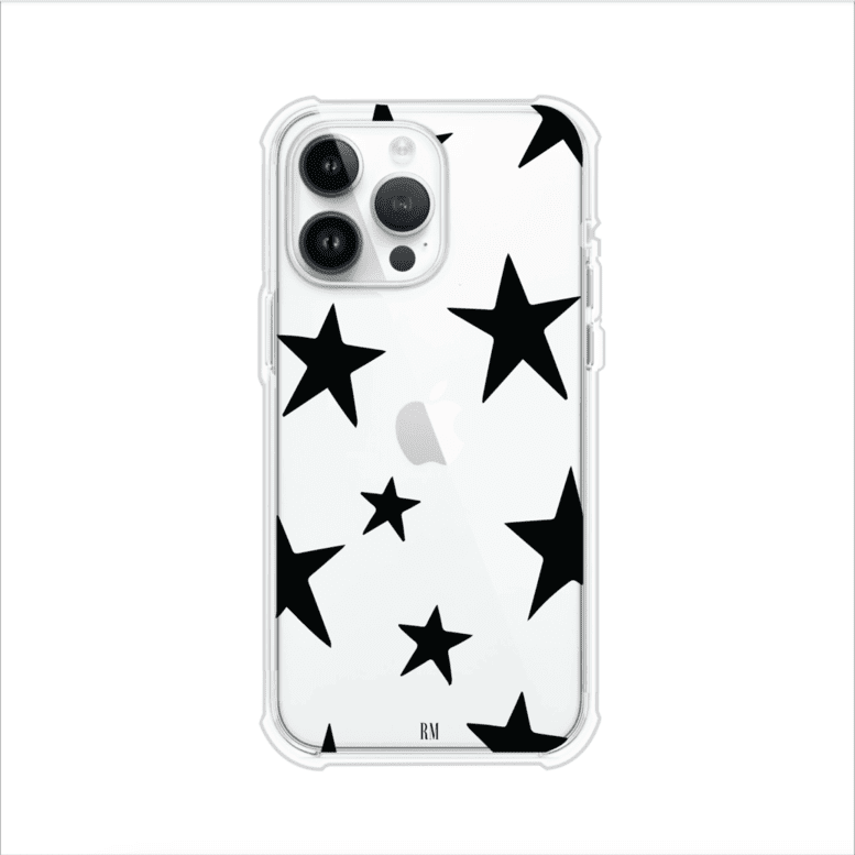 Funda personalizada para iPhone con diseño minimalista de estrellas negras sobre fondo transparente, estilo Black Stars de Remark MX