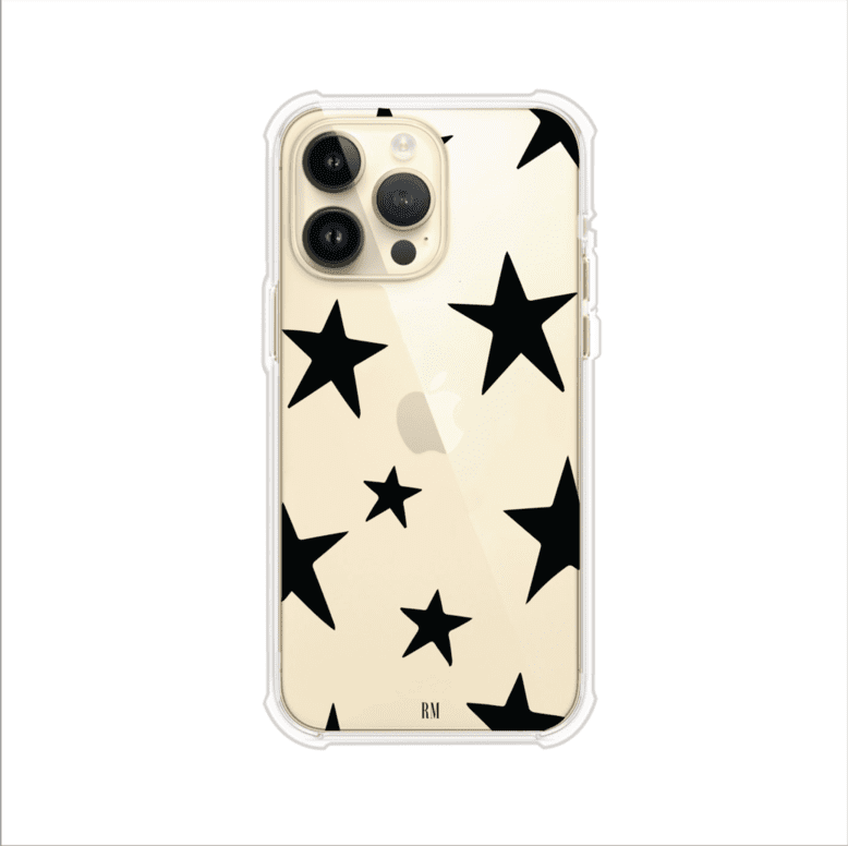 Funda personalizada para iPhone con diseño minimalista de estrellas negras sobre fondo transparente, estilo Black Stars de Remark MX