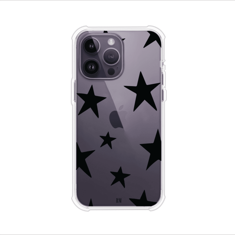 Funda personalizada para iPhone con diseño minimalista de estrellas negras sobre fondo transparente, estilo Black Stars de Remark MX