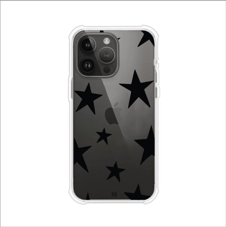 Funda personalizada para iPhone con diseño minimalista de estrellas negras sobre fondo transparente, estilo Black Stars de Remark MX