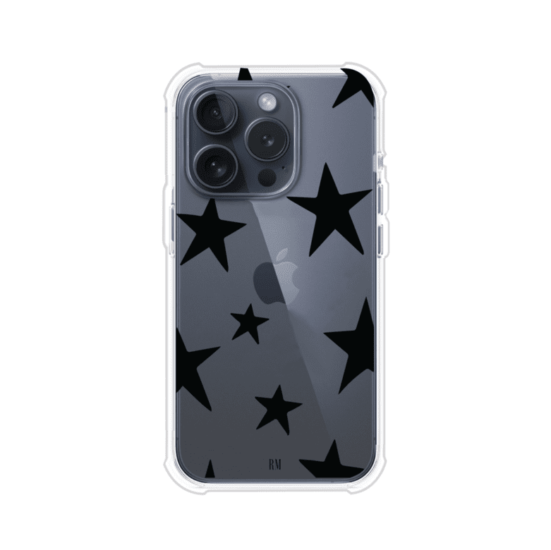 Funda personalizada para iPhone con diseño minimalista de estrellas negras sobre fondo transparente, estilo Black Stars de Remark MX