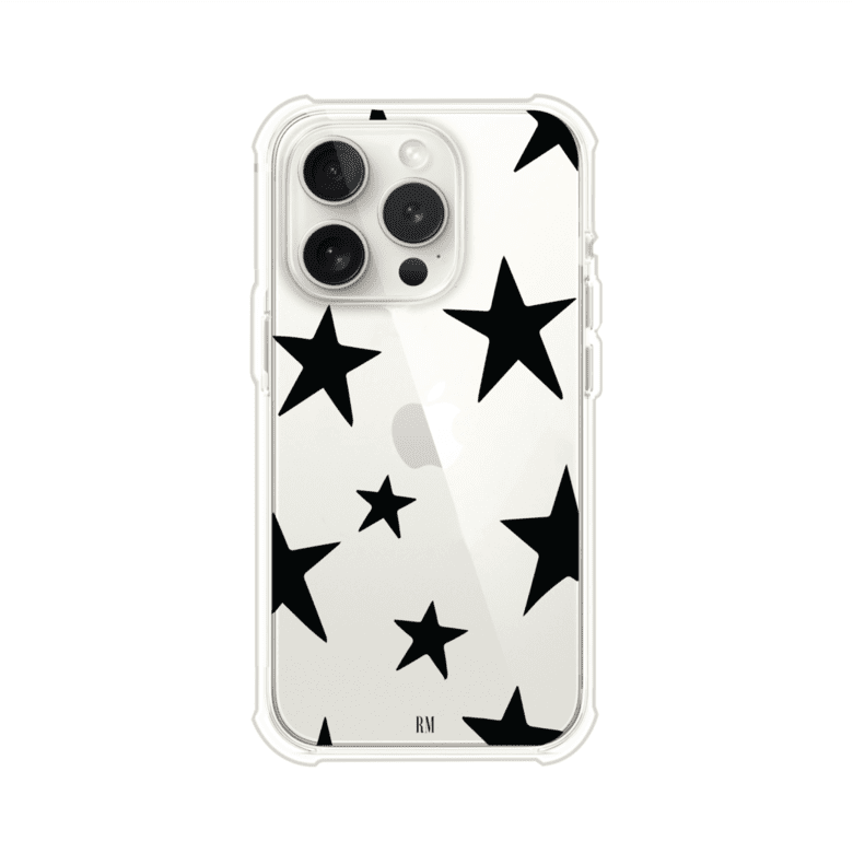 Funda personalizada para iPhone con diseño minimalista de estrellas negras sobre fondo transparente, estilo Black Stars de Remark MX