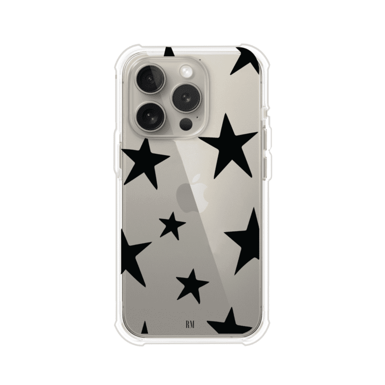 Funda personalizada para iPhone con diseño minimalista de estrellas negras sobre fondo transparente, estilo Black Stars de Remark MX
