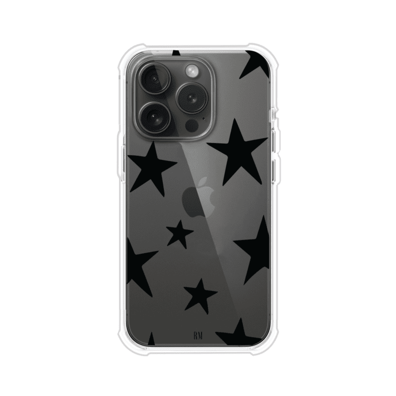 Funda personalizada para iPhone con diseño minimalista de estrellas negras sobre fondo transparente, estilo Black Stars de Remark MX