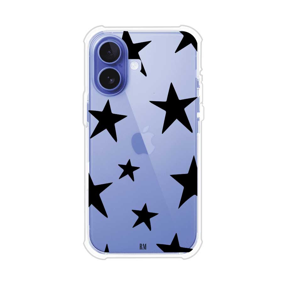 Funda personalizada para iPhone con diseño minimalista de estrellas negras sobre fondo transparente, estilo Black Stars de Remark MX