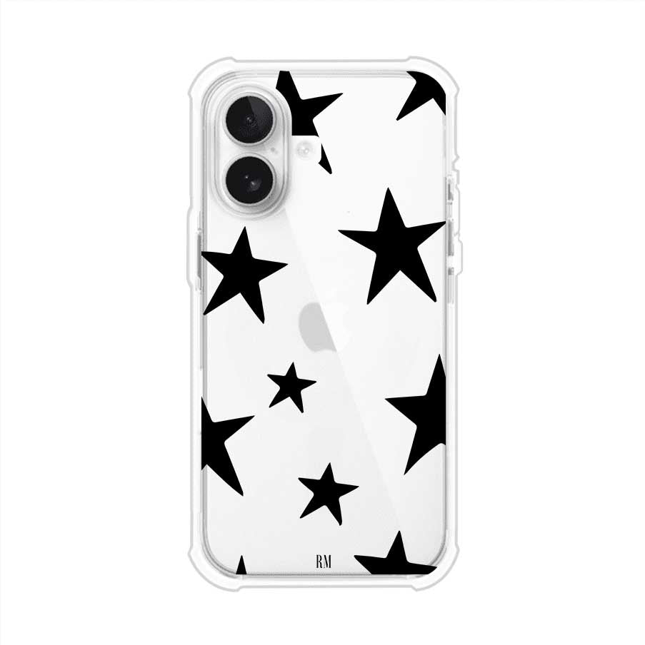 Funda personalizada para iPhone con diseño minimalista de estrellas negras sobre fondo transparente, estilo Black Stars de Remark MX