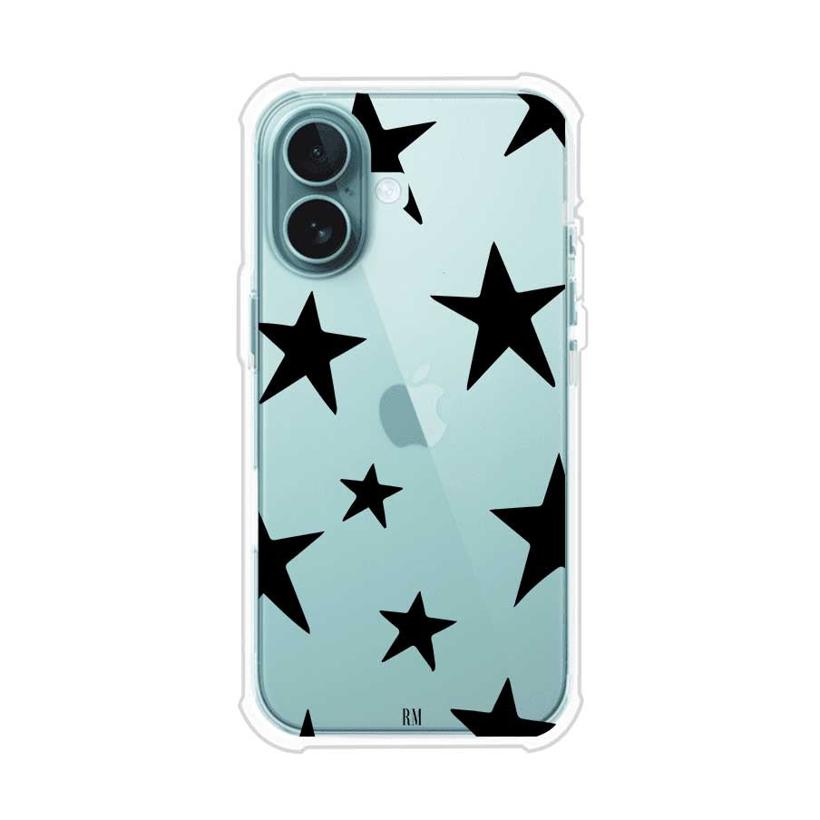 Funda personalizada para iPhone con diseño minimalista de estrellas negras sobre fondo transparente, estilo Black Stars de Remark MX