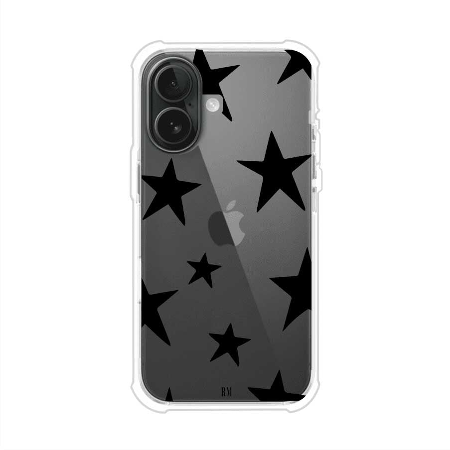 Funda personalizada para iPhone con diseño minimalista de estrellas negras sobre fondo transparente, estilo Black Stars de Remark MX