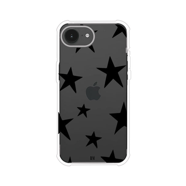 Funda personalizada para iPhone con diseño minimalista de estrellas negras sobre fondo transparente, estilo Black Stars de Remark MX