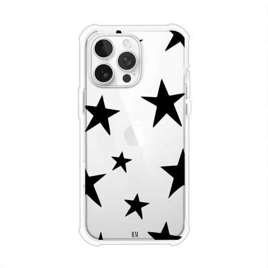 Funda personalizada para iPhone con diseño minimalista de estrellas negras sobre fondo transparente, estilo Black Stars de Remark MX