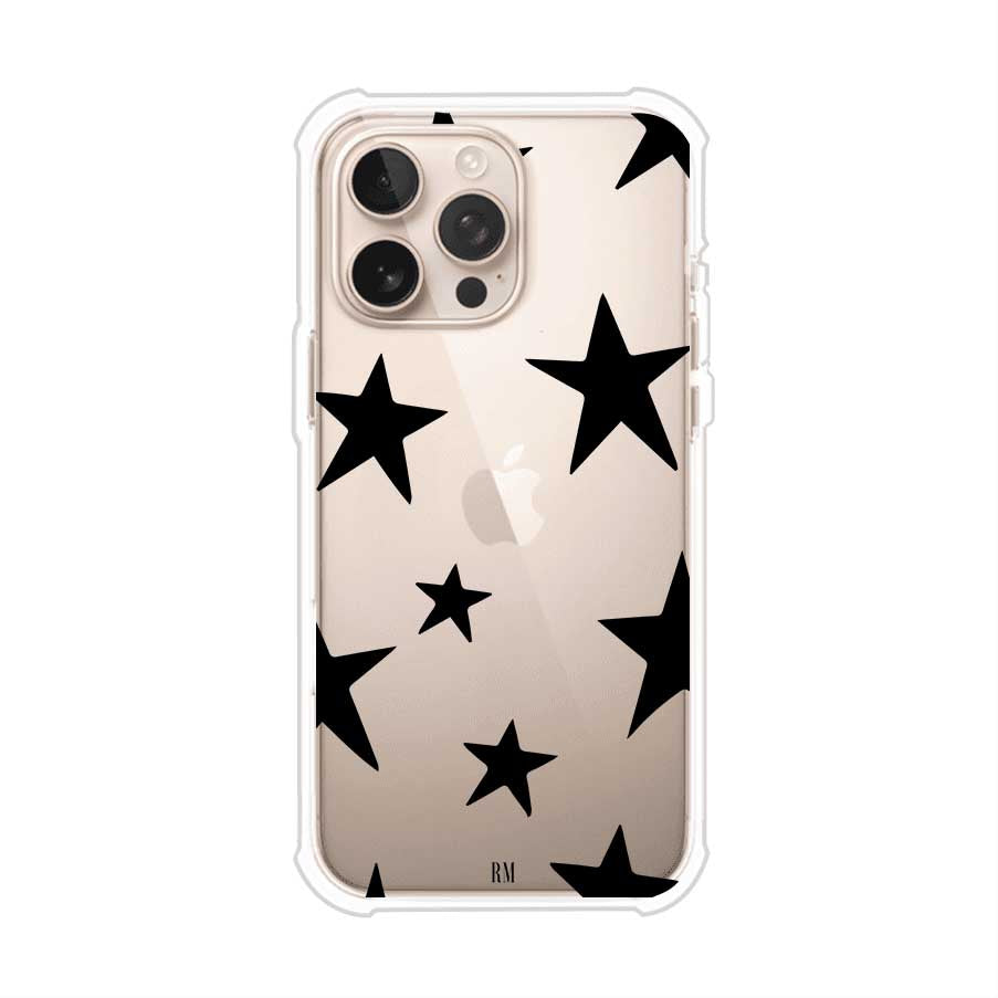 Funda personalizada para iPhone con diseño minimalista de estrellas negras sobre fondo transparente, estilo Black Stars de Remark MX