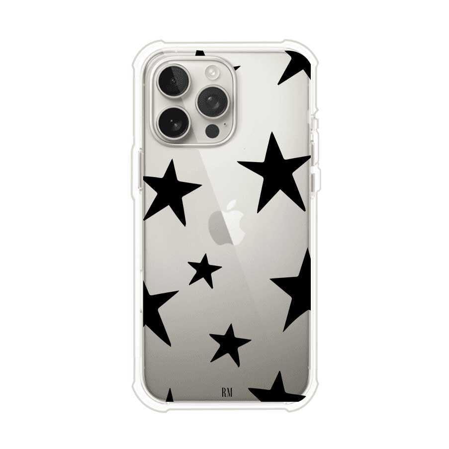 Funda personalizada para iPhone con diseño minimalista de estrellas negras sobre fondo transparente, estilo Black Stars de Remark MX