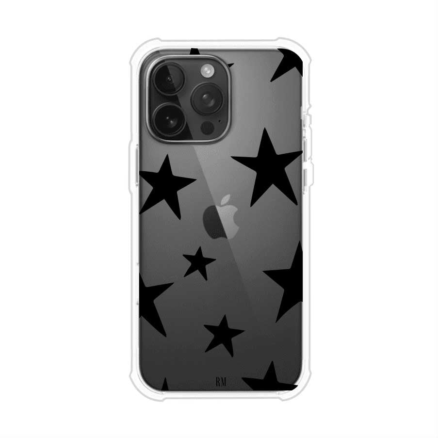 Funda personalizada para iPhone con diseño minimalista de estrellas negras sobre fondo transparente, estilo Black Stars de Remark MX