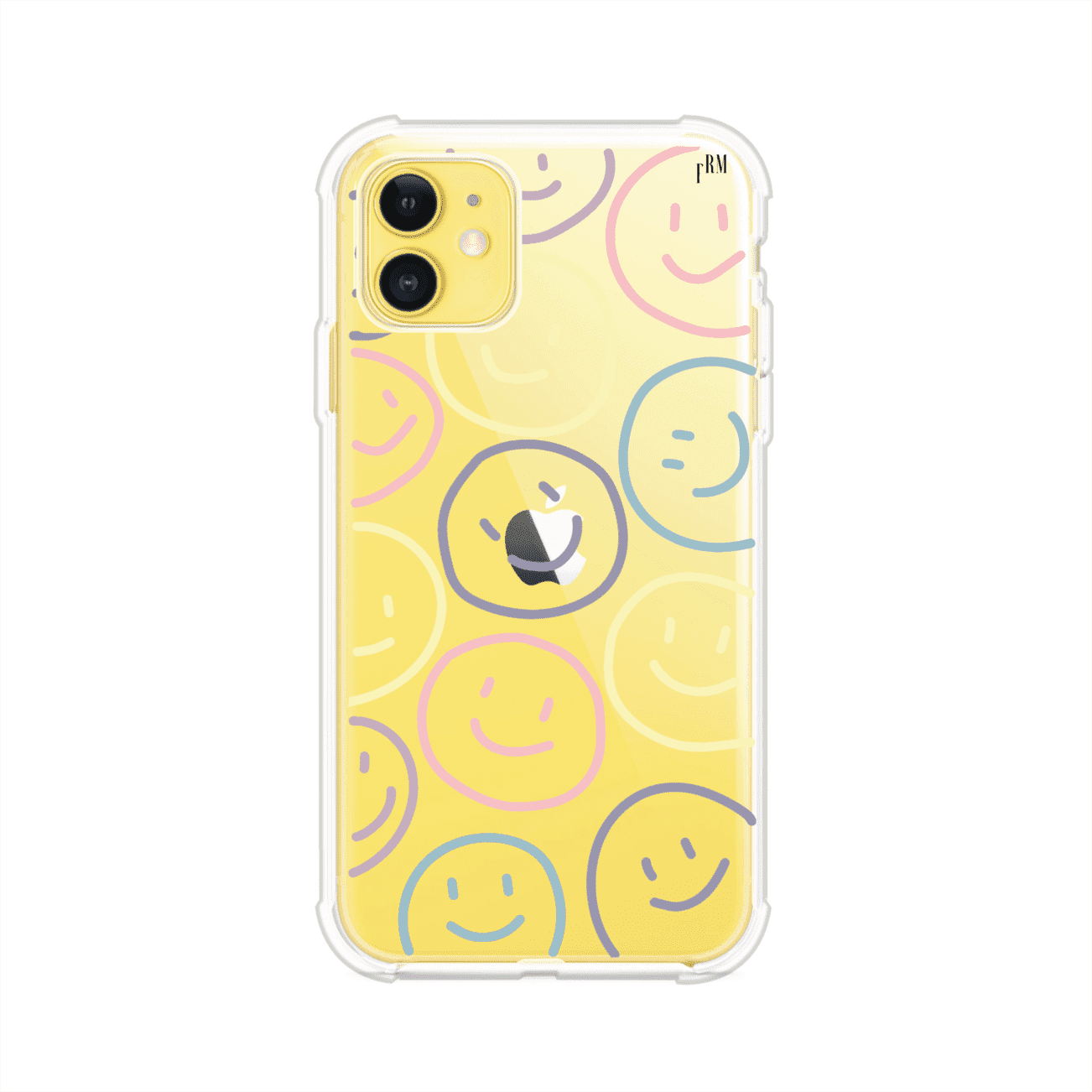 Funda personalizada para iPhone con diseño de caritas felices o happy faces en colores pastel, ideal para un estilo divertido y colorido; producto de Remark MX