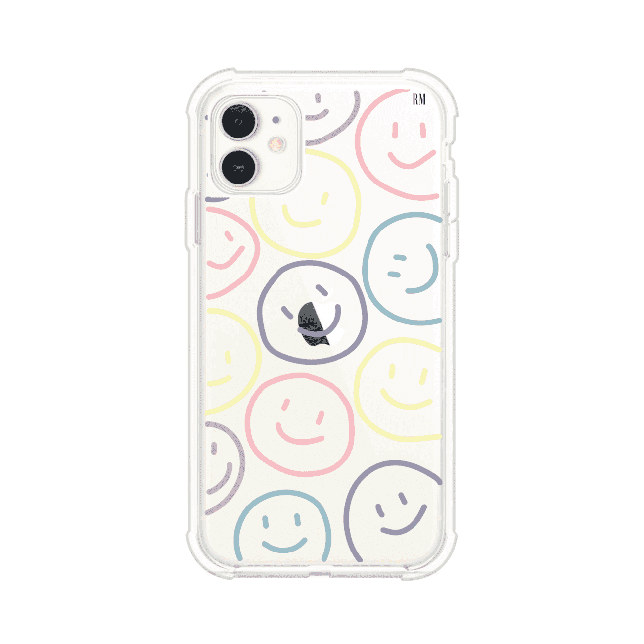 Funda personalizada para iPhone con diseño de caritas felices o happy faces en colores pastel, ideal para un estilo divertido y colorido; producto de Remark MX