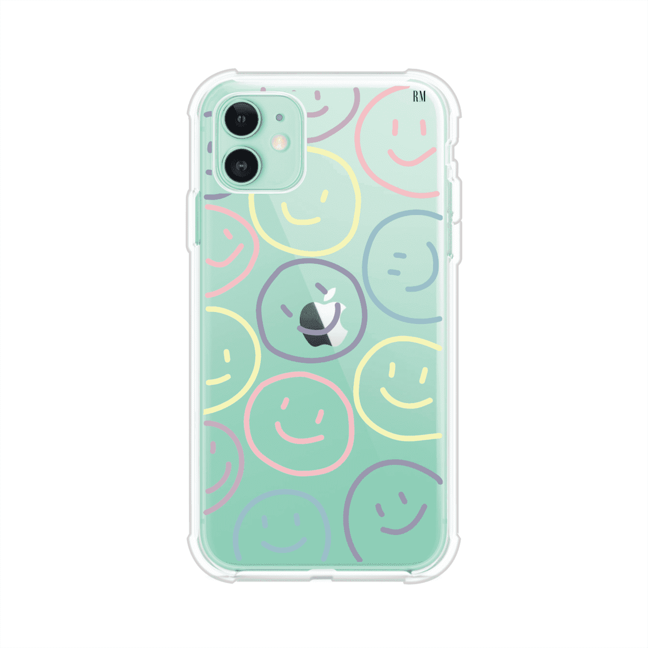 Funda personalizada para iPhone con diseño de caritas felices o happy faces en colores pastel, ideal para un estilo divertido y colorido; producto de Remark MX